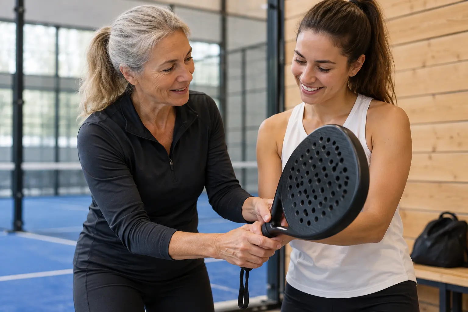 Scène illustrative d'un entraîneur initiant un adulte débutant au padel